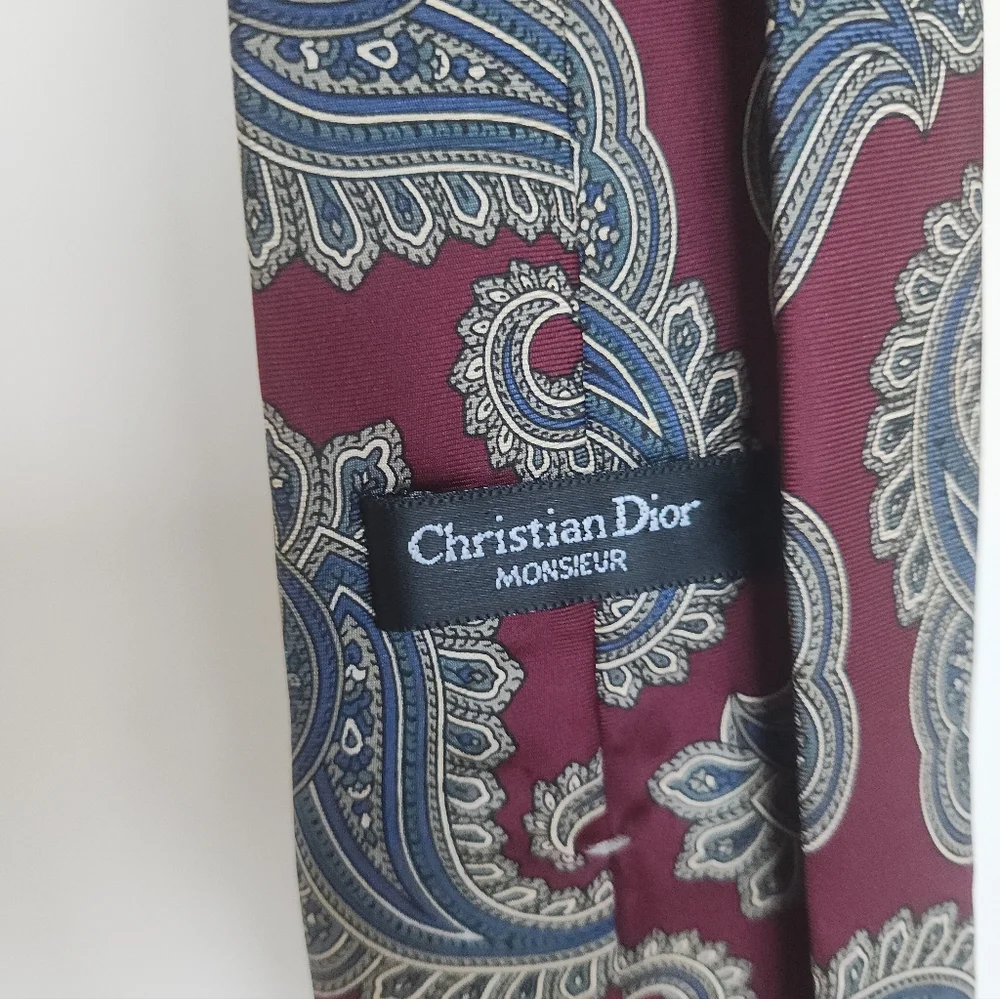Christian Dior Monsieur 100% Silk Paisley Tie Burgundy Blue Made In Italy